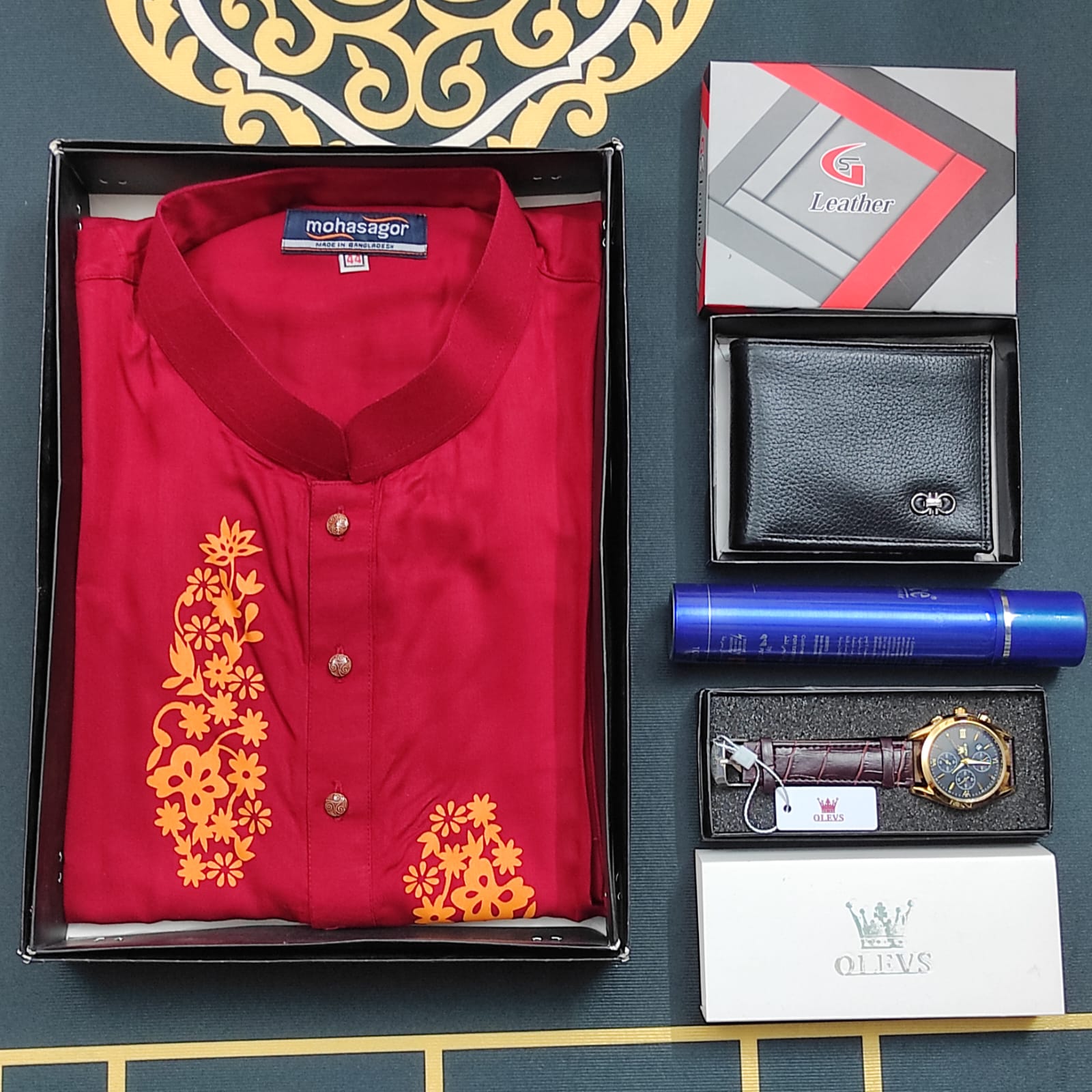 Printed Panjabi+ Wallet+ Olevs belt Watch+ Perfume Combo Pack