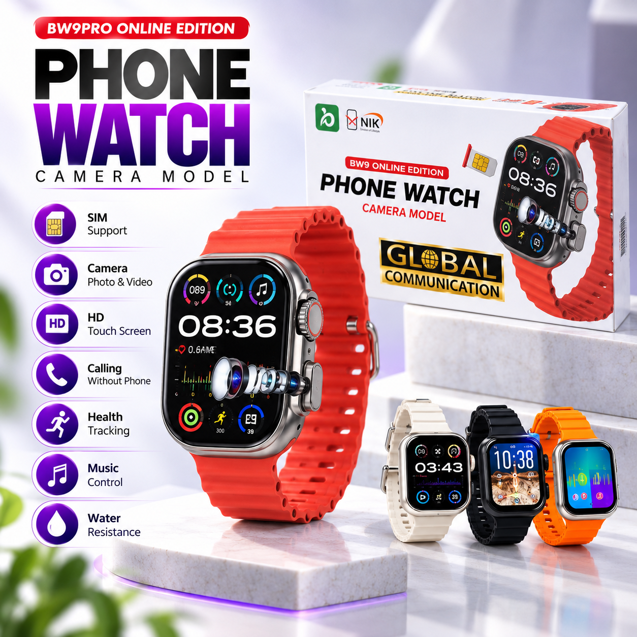 BW9 Pro Online Edition Smart Watch with Built-in Camera & SIM Support (Phone Watch)